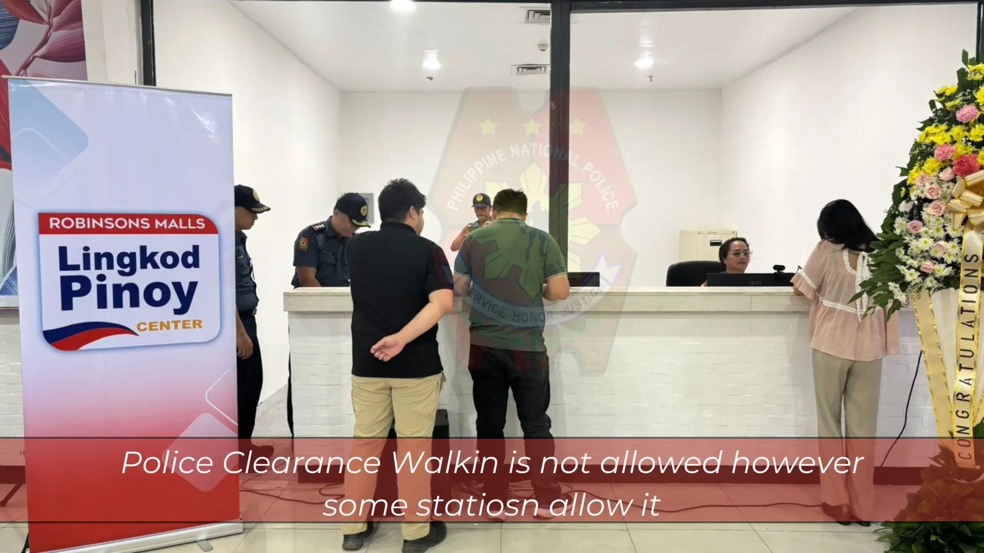 Filipino people at a police station counter getting assistance for Police Clearance; notice states walk-ins are not allowed