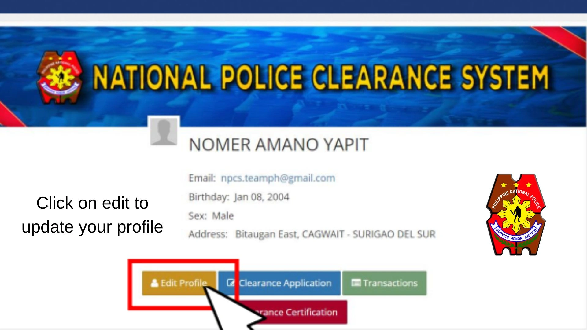 National Police Clearance System page showing a user profile with details and an Edit Profile button.