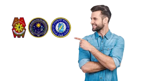 A Filipino man in a blue denim shirt smiles and points to three Philippine police icons on his left, showing how he easily books police clearance online.