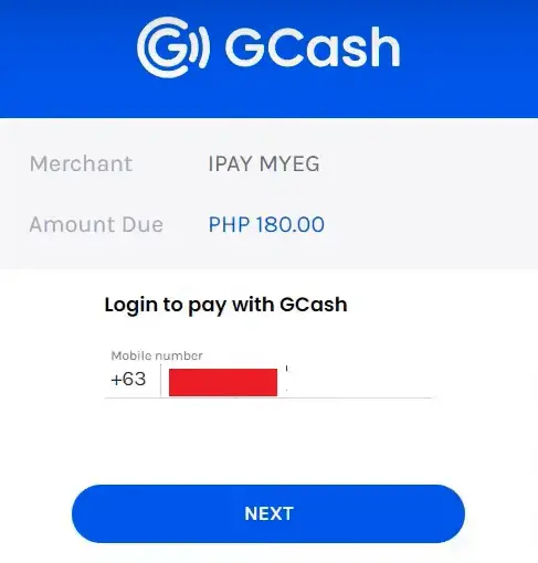 Pay For Police Clearance Using GCash Online 5 Screenshot of GCash payment page for police clearance showing merchant IPAY MYEG, amount PHP 180.00, and login with mobile number.