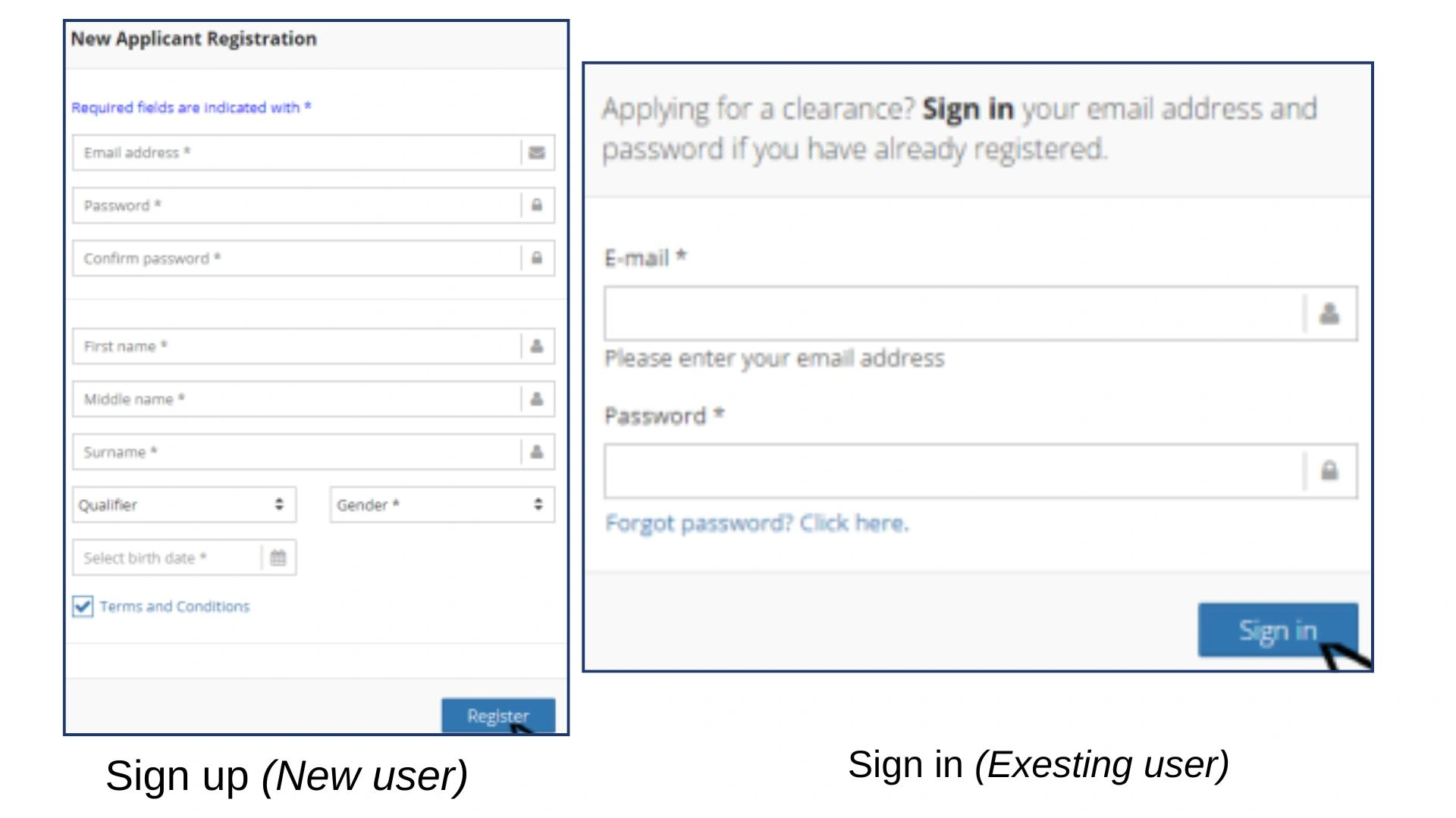 Online registration and sign-in forms for the Philippine National Police Clearance