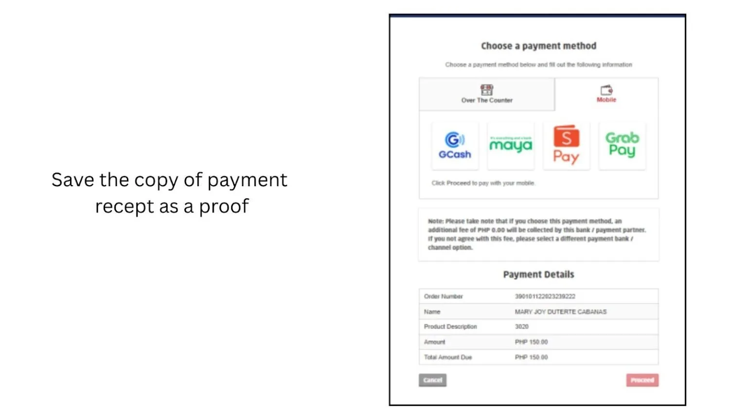Online payment page with GCash, Maya, ShopeePay, GrabPay options and PHP 150 payment details.