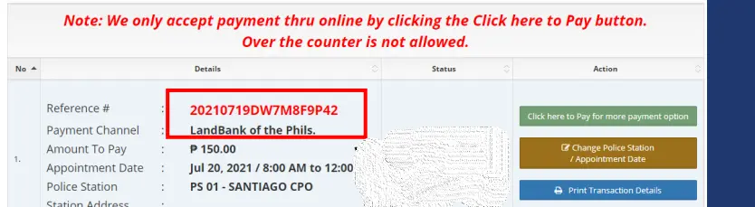 PNP online payment page warning that only online payments are allowed, showing police clearance details and reference number.