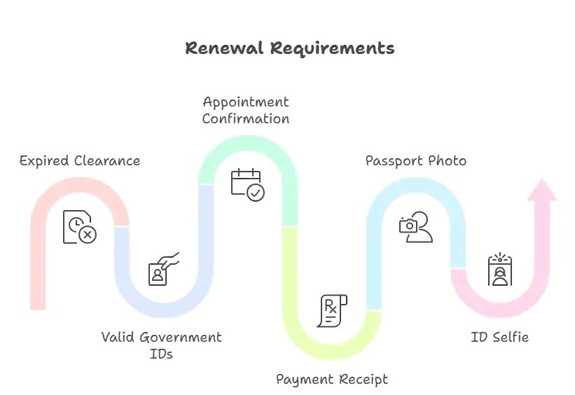 Infographic of renewal requirements with six steps expired clearance, valid IDs, appointment, payment receipt, passport photo, and ID selfie.