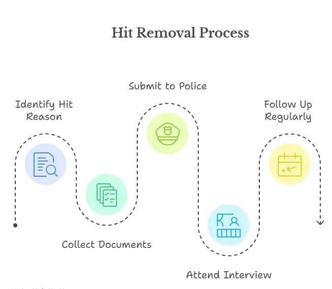 Flowchart showing Police Clearance Hit Removal Process with five steps: identify reason, collect documents, submit to police, attend interview, follow up.