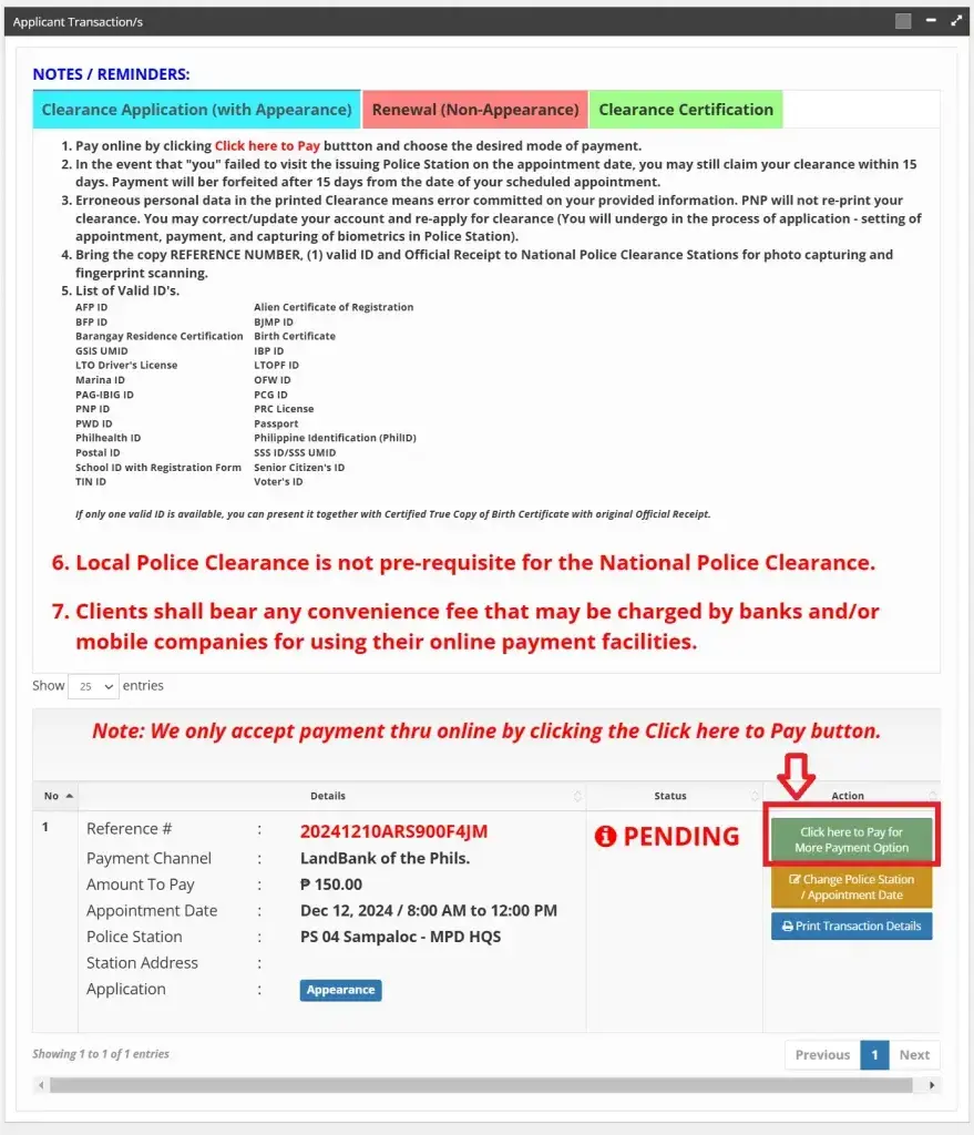 Pay For Police Clearance Using GCash Online 3 Screenshot of police clearance online payment page with transaction details, payment instructions, and highlighted Click here to Pay button.