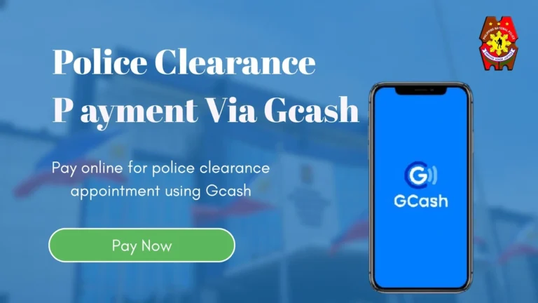 Pay For Police Clearance Using GCash Online 4 Police clearance payment via GCash with smartphone showing GCash logo, PNP emblem, and blurred Philippine police building background.