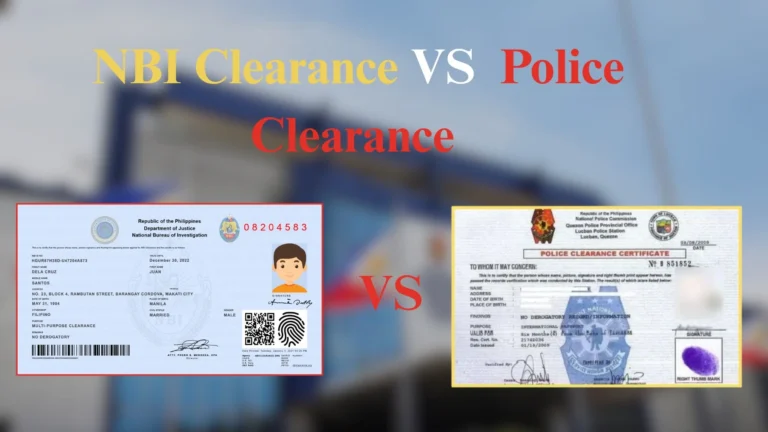 Police Clearance Vs NBI Clearance | Difference between NBI & NPC 7 Comparison of NBI and Police Clearance documents with a blurred police station background.