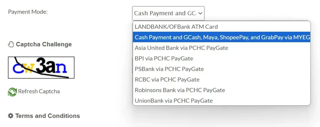Pay For Police Clearance Using GCash Online 4 Screenshot of police clearance online payment page with captcha and dropdown menu showing GCash option, scroll down and select GCash to pay.