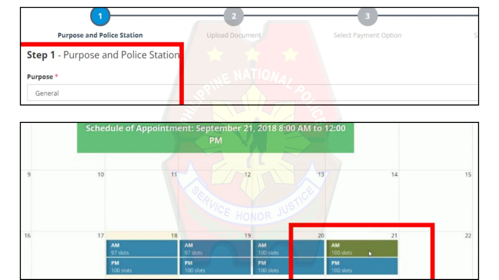 Appointment page showing the “General” option with purpose selection, calendar, and time slots for police clearance.