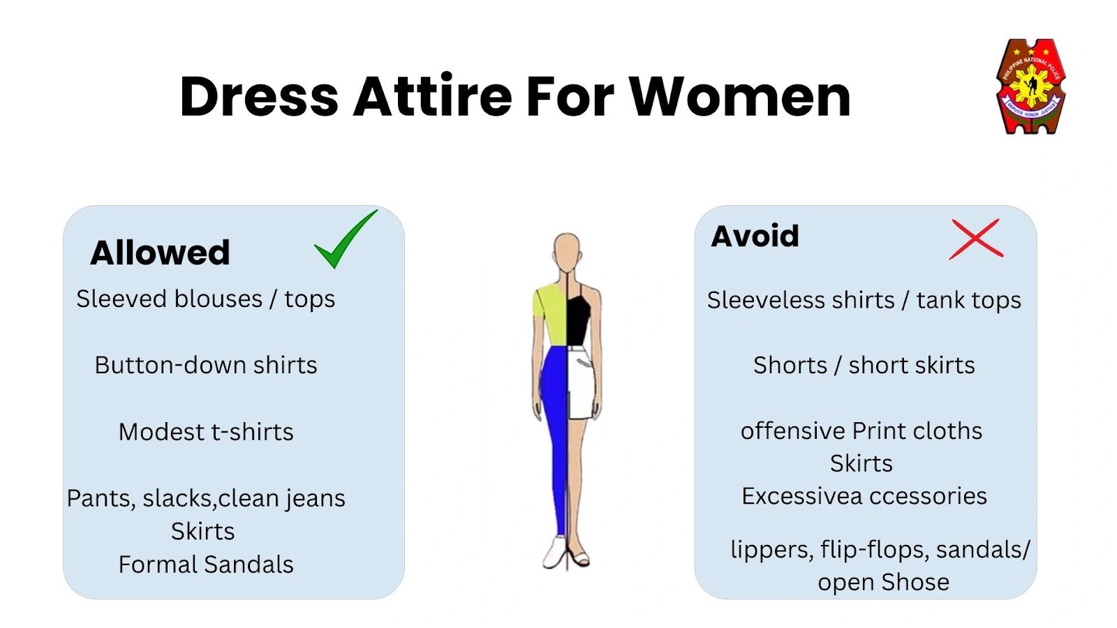 Infographic showing women’s police clearance dress code with allowed and avoid outfits, woman illustration, and PNP logo on Philippine flag background.